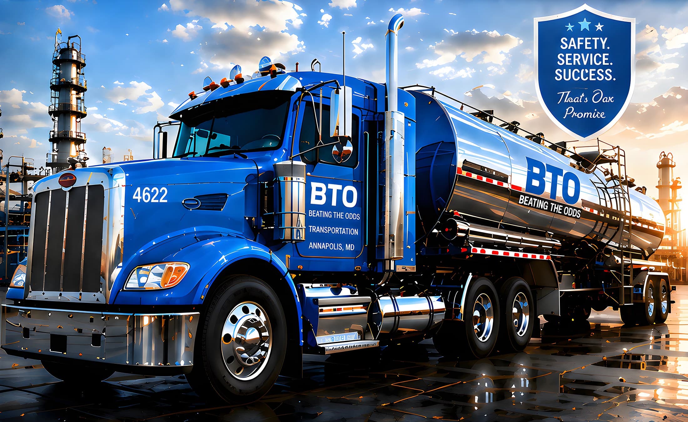 BTO blue tractor pulling a stainless steel bulk liquid tanker past a chemical processing facility at sunset